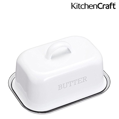 Foto von KitchenCraft Living Nostalgie im Vintage-Stil Emaille-Butterdose / Butterdose mit Deckel – White mit Grauem Rand