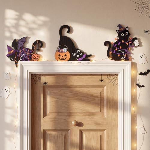 Bucherry Halloween Black Cat Wooden Wall Decor Set of 3, Cute Cat Corner Decorations for Door Frame Wall, Wooden Kitty Decors with Adhesive Dots, Halloween Decor for Home