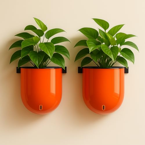 Image of Indian Discovery Self Watering Wall Hanging Planter|Hanging /Hooked Flower Pots for Home, Balcony, Vertical Garden Decor Flower Pots(2 PC,Orange, Sphere)|6 Inch UV-Resistant Plastic Plant Pots