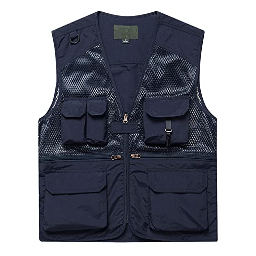 Chaleco para Hombre Chaleco Sin Mangas con Múltiples Bolsillos Chaleco De Pesca para Ocio Al Aire Libre Chaqueta De Viaje De Fotografía Transpirable De Malla,Azul,M Cover