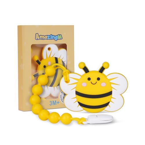 Image of Baby Food Grade Silicone Teether Ring Toy with One Piece Design Pacifier Clip Holder,Teething Toys Gift Set for 3 Months+ Boys and Girls,Freezer Safe,BPA Free.(Yellow Bee)