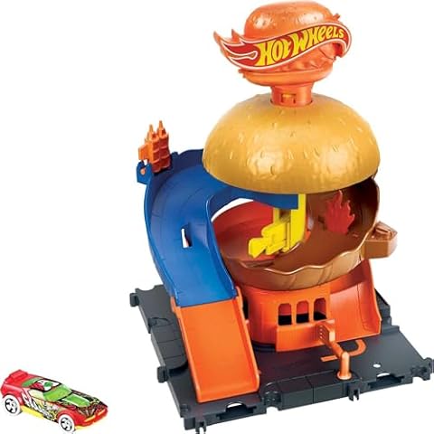 Hot Wheels Toy Car Track Set, City Burger Drive-Thru Playset & 1:64 Scale Car, Connects to Other Sets & Tracks Cover