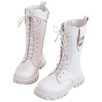 Girl's Knee High Riding Boots Lace Up Side Zipper Combat Boots Non Slip Gothic Knight Boot Lug Sole Chunky Heels Shoe Girls White Boots