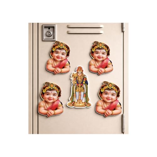 Image of Baby Murugan Fridge Magnet Set of 5 | Cute Wooden Murugan Magnet for Refrigerator, Cupboard & Locker | Hindu God Murugan Photo Magnet | Pooja Room Decor | Spiritual Gift Return Gift