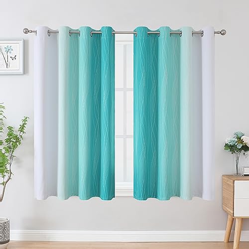 Estelar Textiler Teal and Greyish White Blackout Curtains 54 Inch Length, Light Blocking Gradient Grommet Drapes for Living Room, Thermal Insulated Ombre Curtains for Bathroom,52Wx54L,2 Panels
