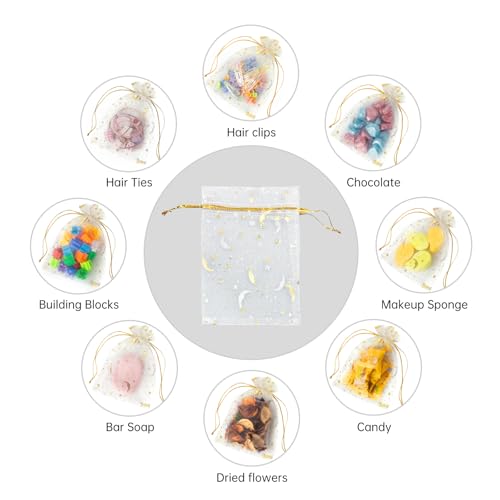 Image of YHJZ 100PCS Moon Star Organza Bags, 4x6 inches (10x15cm) Small Mesh Bags Drawstring, Jewelry Gift Bags for Wedding, Party, Festival, Makeup (White)