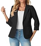 GRECERELLE Womens Blazer Suit Elegant 3/4 Sleeve Notch Lapels Collar Jackets Business Work Office Cardigans Jacket Suiting & Blazers with Pockets Button for Ladies (Black, 14)