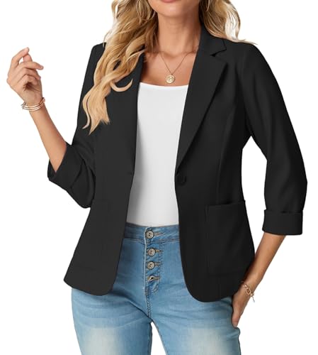 GRECERELLE Blazer elegante para mulher, manga 3/4, lapelas, pescoço, casacos de negócios, trabalho, escritório, cardigans e blazers com bolsos e botões para mulher, Preto