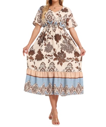Image of Women's Summer Short Sleeve Maxi Floral Flowy Dresses with Pockets