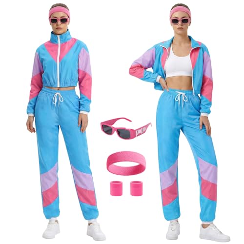 Essestim Womens 80s 90s Outfits Tracksuit Costume 5 Piece Color Block Retro Windbreaker Accessories Track Suits (Blue Medium)