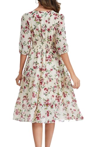 Image of Kormei Women Casual Boho Floral Round Neck 3 /4 Sleeve Smocked Waist Tiered A Line Flowy Swing Midi Dress Long Dresses