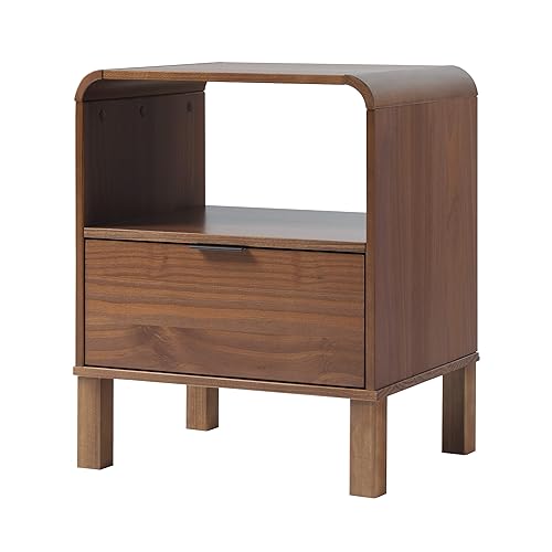 Walker Edison Modern Curved-Top Solid Wood 1-Drawer Nightstand with Open Cubby, 24 Inch, Brown