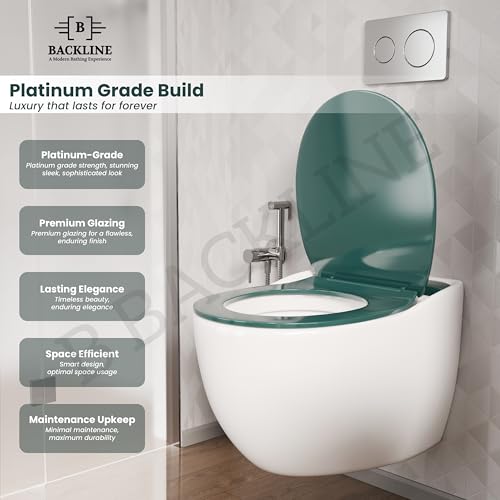 Image of B Backline Elite Ceramic Rimless Wall Hung Western Toilet /Water Closet /Commode /European Commode With Soft Close Toilet Seat Cover - P Trap 57 X 39 X 42 Cm (Aqua Green)