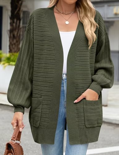 MONNURO Womens Plus Size Cardigan Sweaters Cable Knit Open Front Puff Long Sleeve Fall Coat with Pockets2