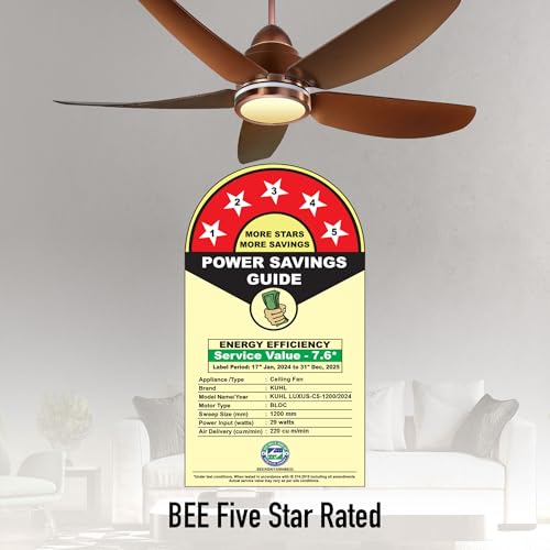 Image of KUHL Luxus C5 1200mm Stylish 65% Power Saving BLDC Ceiling Fan with Remote | Night & Down Light | 29W |BEE 5 Star | Low Noise | IoT -Operate via Mobile & Alexa | Reverse Mode |Free Installation|Brown
