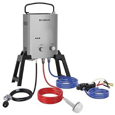 CAMPLUX 1.32 GPM Portable Outdoor Tankless Water Heater Propane Instant Hot Camping Shower Pump w/Freestanding Stand and Carry Bag, AY132GMax, Gray