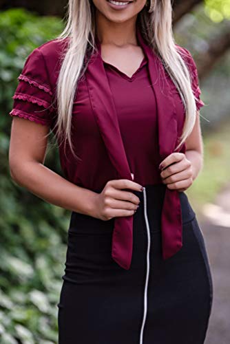 Blusa Feminina Social Moda Evangelica Detalhe Laço Renda M/40, Marsala/Bordô