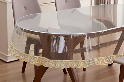 Image of The Furnishing Tree Oval Shaped 8 Seater Transparent Table Cover WxL 60x90 inches 0.25 mm Thickness with Golden Lace