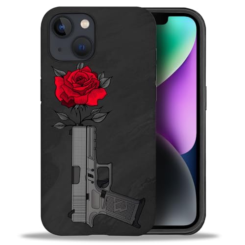 yicomon Compatible with iPhone 13/iPhone 14 Case, Rose On Gun Pattern Print Matte Phone Case Durable Fashion Funny Liquid Silicone Case Soft Anti-Scratch Shockproof Protective Cover