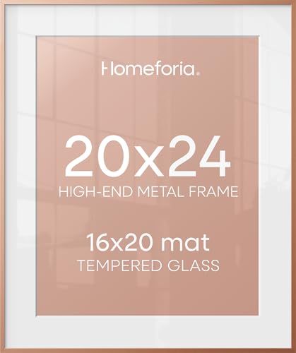 Image of Homeforia 20x24 Frame Rose Gold, High End Metal 20x24 Poster Frames with Mat 16x20 inch Photo, 20 x 24 Rose Gold Picture Frame Matted to 16 by 20 Print, 24x20 Frame, Tempered Glass, Wall Kit, Set of 1