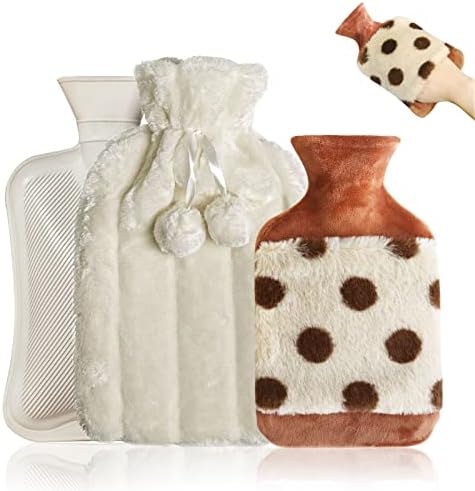 Hot Water Bottles with Covers 2 Pack, LUNASEA Large Hot Water Bottle 2L + 1l Small Hot Water Bottle with fleece Covers, Fluffy Hot Water Bag for Pain Relief, Back Pain, Natural Rubber Hot Water Bottle