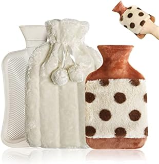 Hot Water Bottles with Covers 2 Pack, LUNASEA Large Hot Water Bottle 2L + 1l Small Hot Water Bottle with fleece Covers, Fluffy Hot Water Bag for Pain Relief, Back Pain, Natural Rubber Hot Water Bottle