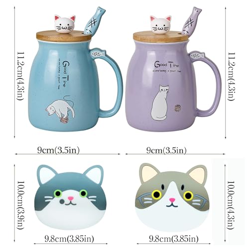 SHENDONG 2 Pack Cat Mugs Cute Ceramic Coffee Cups Set of 2 with Kawaii Bamboo Lid and Spoon Novelty Morning Cup Coffee Milk Tea Mugs - Image 4