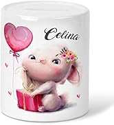 Mikalino Kinder Spardose Süßer kleiner Hase mit Geschenk und Luftballon mit Wunschname Geschenke ...