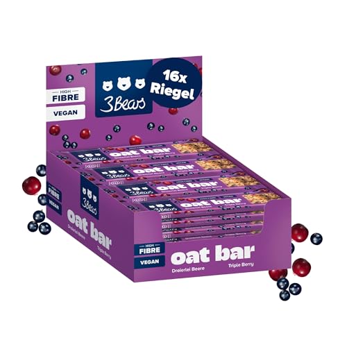 3Bears Oat Bar – Müsliriegel Dreierlei Beere (16×45g) – Vegan, ballaststoffreich, ohne Industriezucker & palmölfrei – Hafer-Beeren-Riegel im handlichen Format für unterwegs, Büro & Sport