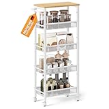 VASAGLE Rollwagen 5 Ebenen, Küchenwagen schmal, Nischenregal auf Rollen, Stahl, Griff, für kleine Räume, 22 x 45,4 x 99,6 cm, Küche, Bad, Wohnzimmer, Arbeitszimmer, eichenfarben-weiß LRC035W09