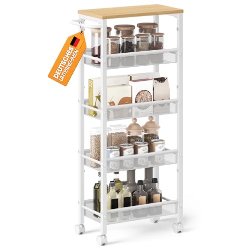 VASAGLE Rollwagen 5 Ebenen, Küchenwagen schmal, Nischenregal auf Rollen, Stahl, Griff, für kleine Räume, 22 x 45,4 x 99,6 cm, Küche, Bad, Wohnzimmer, Arbeitszimmer, eichenfarben-weiß LRC035W09