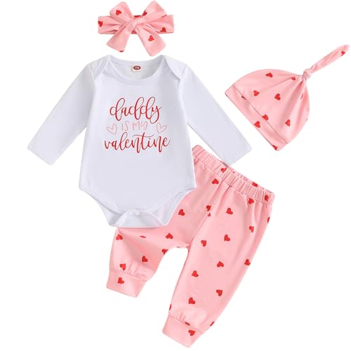 Karuedoo Newborn Infant Baby Girl Valentines Outfit Letter Print Long Sleeve Romper Heart Pants Headband Hat 4Pcs Sets(White, 6-12 Months)