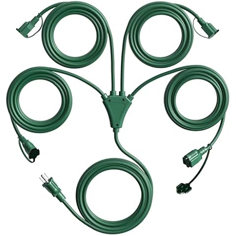 Eversimpleinc 1 to 4 Splitter Extension Cord (Combined 31 FT, End to End 13 FT), 3 Prong Plug with 4 Extended Outlets, with Weatherproof Covers for Indoor and Outdoor Cover