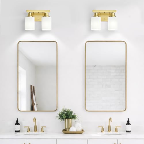 Image of 2 Light Gold Bathroom Light Fixtures,Brushed Gold Vanity Light with Clear Glass,Gold Bathroom Vanity Lights Over Mirror,Wall Sconces for Living Room,Bedroom,Hallway(E26 Base)