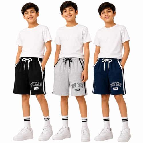 Image of LilBits Kids Cotton Blend Shorts Pack of 3 | Breathable Summer Casual Shorts for Boys & Girls with Drawstring Waist, Side Piping, Soft Fabric, Playwear & Outdoor Comfort