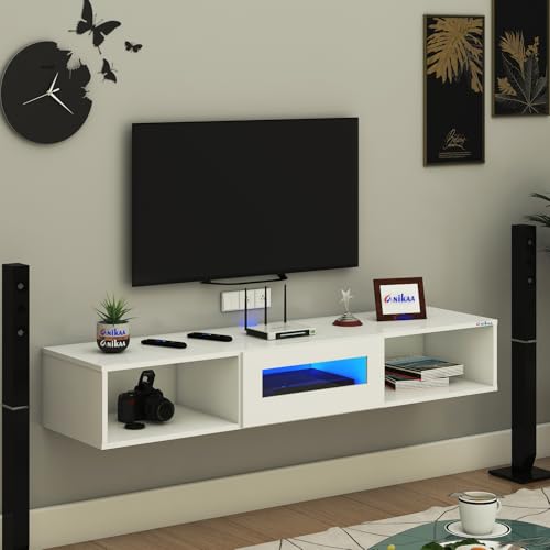 Image of Anikaa Novus Wall Mount Modern Floating TV Unit for Living Room with Open Shelf Storage Cabinet & Middle Cabinet Blue LED Light (Ideal for 32 to 65 inch TV, DIY Installation, White Finish)
