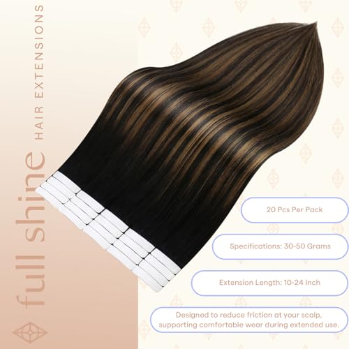 Image of Full Shine Human Hair Extensions Tape in, Off Black Brown Ombre 12 Inch | 30g 20PCS, Seamless Skin Weft Tape in Hair Extensions, Balayage Invisible Blend Double Sided Adhesive Soft Daily Volume