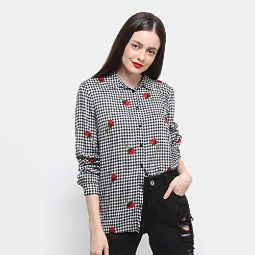 Camisa Drezzup Manga Longa Estampada Feminina - Preto+vermelho - Ep
