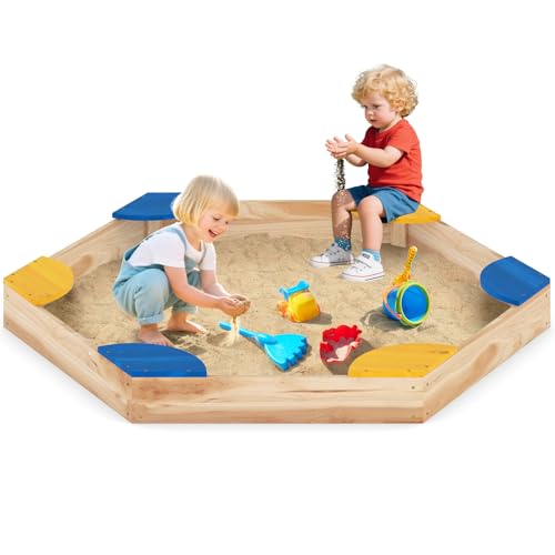 COSTWAY Arenero Infantil, 140 x 122 x 14 cm, Arenero de Madera para Exteriores, Caja de Arena de Madera con 6 Asientos en Forma de Abanico Incorporados y Estructura sin Fondo, Arenero Niños Exterior