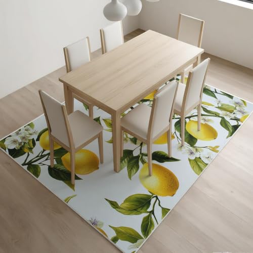 Tapis salon 120 x 180 cm jaune à motifs feuilles et citrons