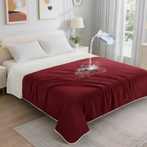 Image of LOOBANI Waterproof Blanket for Bed: Reversible Soft Flannel King Size Bed Blanket 85 inch x 108 inch, Waterproof Dog Blankets for Large Dogs, Spill-Proof Cover for Furniture Protection, Movie Time, Red