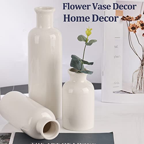Image of White Ceramic Vase Set - 3 White Small Vases, Farmhouse Country Flower Vase Home Decor, Living Room Decoration, Table Decoration, Fireplace Decor, and Entrance Decorations Centerpieces