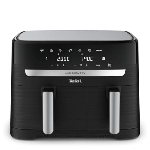 Tefal Dual Easy Fry Heißluftfritteuse Doppelkammer, 5,2/3,1 L Fassungsvermögen, zwei unabhängige Schubladen, 7 automatische Programme, energiesparend, schwarz, EY9018