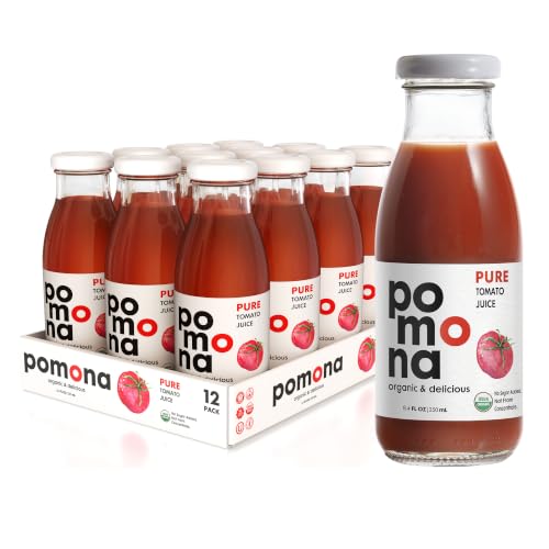 Image of Pomona Organic Juices Pure Tomato Juice, 8.4 Ounce Bottle (Pack of 12), Cold Pressed Organic Juice, Non-GMO, No Sugar Added, Not from Concentrate, Gluten Free, Kosher Certified, Preservative Free