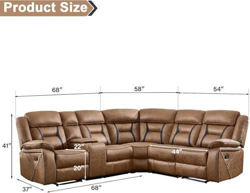 Image of EBELLO Faux Leather Reclining Sectional Sofa Set for Living Room, 1 Recliner Chair and L-Shaped Reclining Couches Home Furniture Set with Center Console, Hidden Cup Holders and Storage, Brown