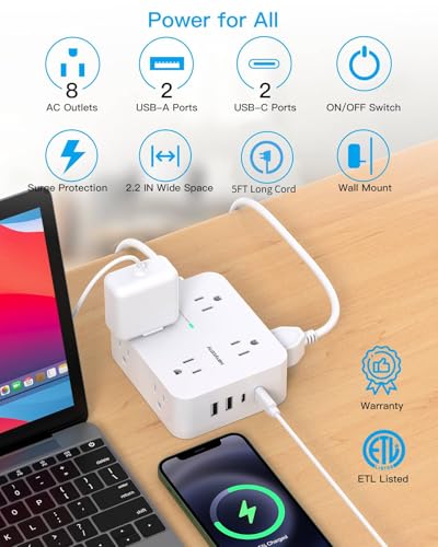 Power Strips with Surge Protection - HANYCONY 8 Widely Outlets with 4 USB Ports (2 USB C), 3-Side Outlet Extender Strip, 5 Ft Extension Cord, Ideal for Home Office College Dorm Room Essentials - Image 3