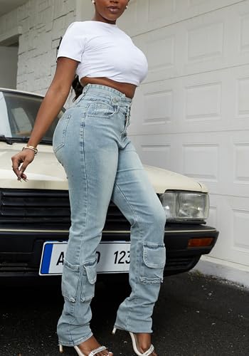Vaceky Women's Stretch Jeans with Removable Cross Strap Cutout Waist Distressed Cargo Pants4