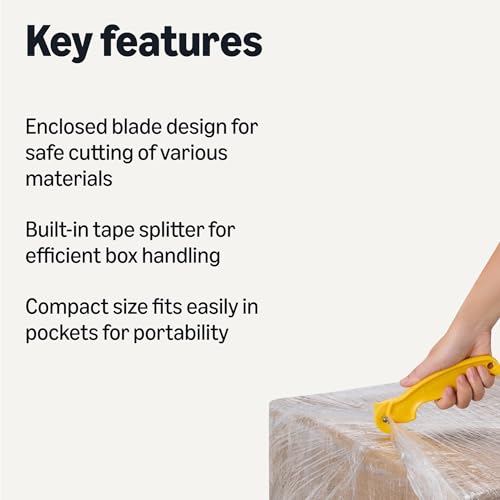 Amazon Basics Film Safety Cutter, Concealed Stainless Steel Blade with Tape Splitter for Boxes, Packages, Shrink Wrap, Compact Size, Yellow, 1-Pack - image 2