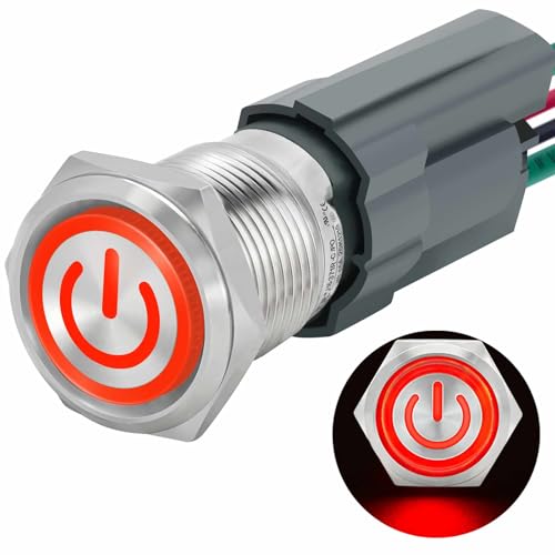 Image of UL Listed 15Amp 16mm Latching Push Button Switch 110V-120V IP67 Waterproof; SPST 1NO, with LED Angel Eye Light; Stainless Steel 304 with Wire Socket Red