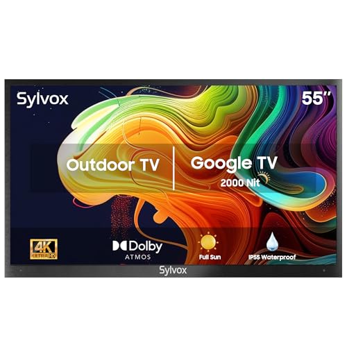 SYLVOX Outdoor TV 55 Zoll Smart Google TV Draußen Ferseher mit 4K UHD True 2000 Nits Helligkeit Sprachsteuerung Dolby Audio Handy auf TV, Pool Pro 2.0